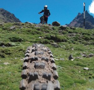 green grass and tire tread shot for peru biking tour